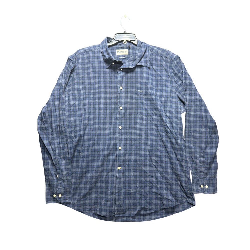 Barbour Button Down Shirt Mens XXL Blue Plaid Tailored Fit Stretch Long Sleeve